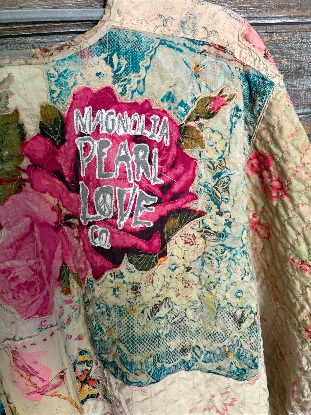 Magnolia Pearl Cream Patchwork Poncho with Pink, Teal & Purple Accents - Picture 8 of 12